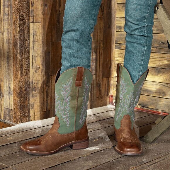 SheSole Womens Turquoise-brown Wide Calf Square Toe Western Fashion Cowgirl Boot - Picture 6 of 9